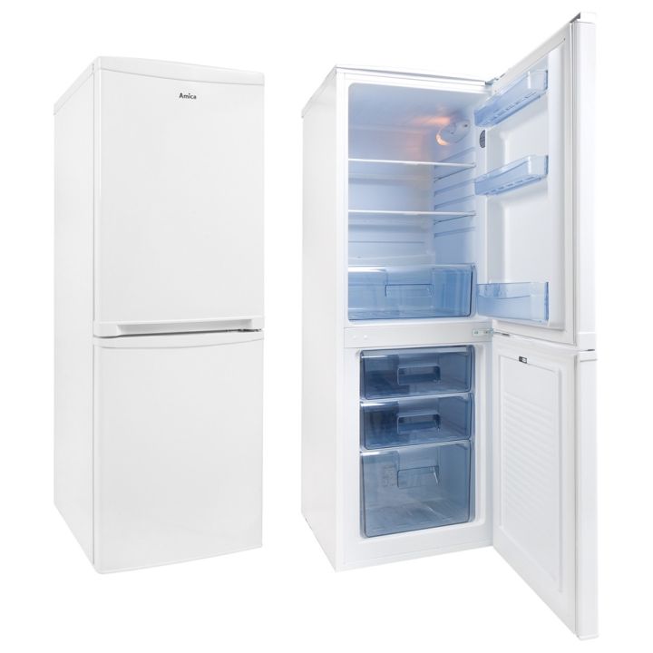Amica FK1974 50cm, 141cm high, 116 fridge, 56l freezer (net), 3 safety glass shelves, 3 freezer drawers.  50:50 split Freestanding Fridge Freezer