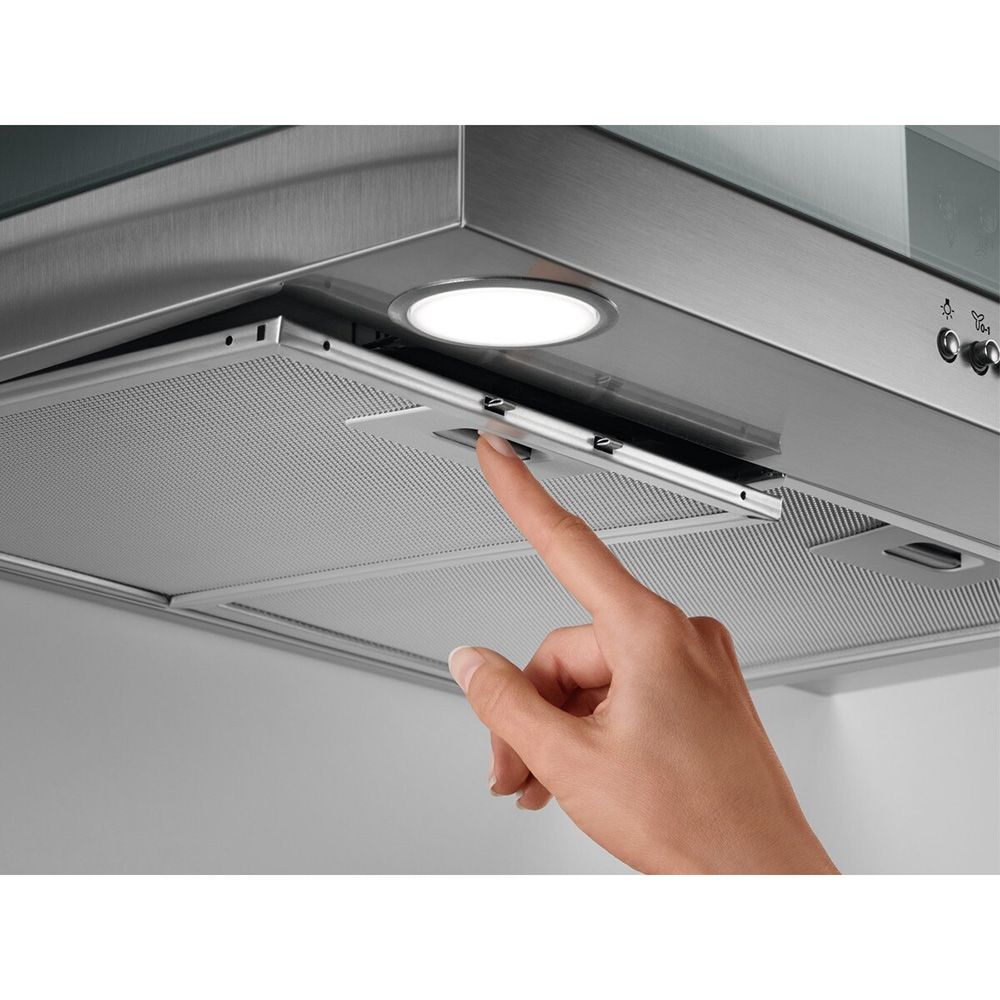 Aeg DTB3654M 60cm Transparent Glass Wall Chimney Hood, Mecanical Push Buttons, LED Lighting