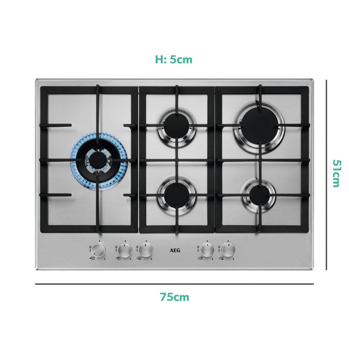 Aeg HGB75500SM 75cm Slim Gas Hob, 5 energy efficient burners Including 1 Side Triple crown Burner