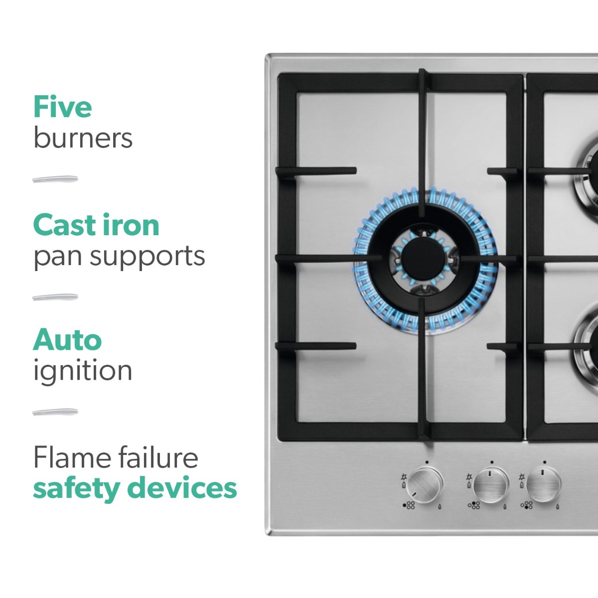 Aeg HGB75500SM 75cm Slim Gas Hob, 5 energy efficient burners Including 1 Side Triple crown Burner