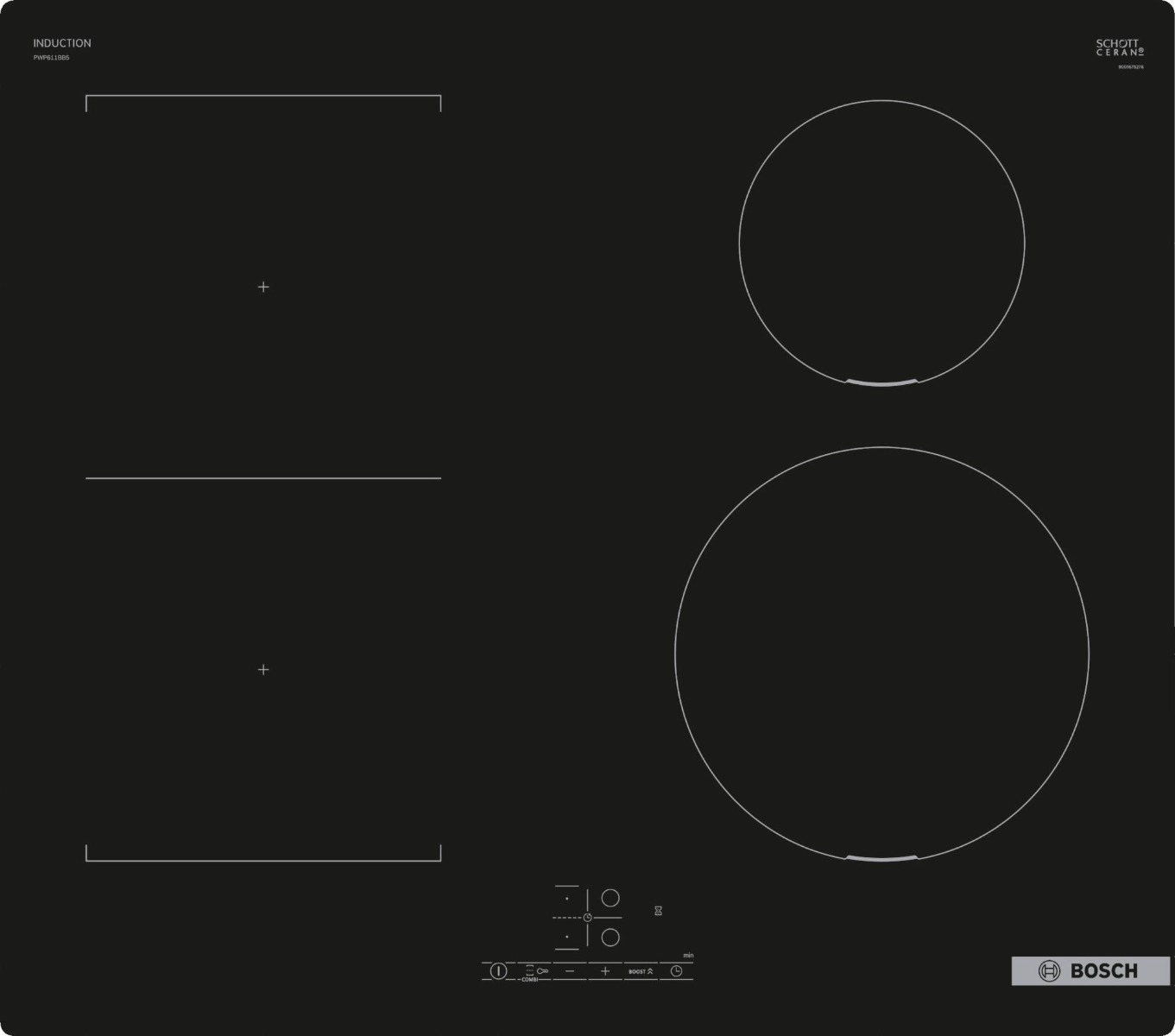 Bosch PWP611BB5E 60cm Induction Hob, Touch Control, 4 Zones, CombiZone, Frameless, 4.6kW